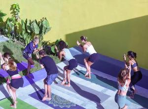 a group of people doing a yoga pose on a trampoline at La Embajada Bacalar in Bacalar