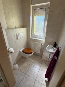 a bathroom with a toilet and a sink and a window at Gemütliches Haus am Waldrand in ruhiger Umgebung in Cunewalde +3 photos