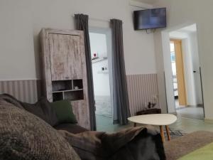 a living room with a couch and a table and a mirror at Altstadt Apartment Johannis in Lößnitz