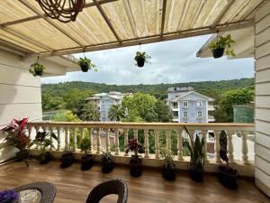 a balcony with potted plants and a view at Dishney Den-Luxe 1BHK Stay with pool near Anjuna & Thalassa in Cunchelim