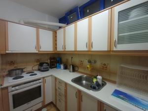 a small kitchen with a sink and a stove at Sounio Seaside Residence by the Temple of Poseidon in Sounio