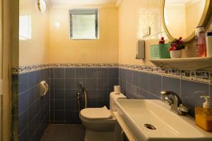 ein Badezimmer mit Toilette, Waschbecken und Spiegel in der Unterkunft Saurina's Beach Retreat near Candolim Beach in Goa + 29 Fotos