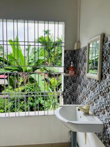 a bathroom with a sink and a window with plants at Sanjukta Homestay in Nowgong