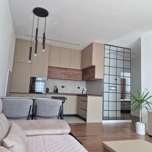 una cucina con un tavolo e sedie in una stanza di V i N Boutique Apartment a Niš