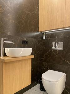 a bathroom with a white sink and a toilet at Zielona Ostoja - Pokoje i Apartamenty in Nowa Sarzyna