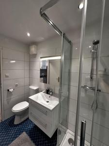 a bathroom with a toilet and a sink and a shower at Alpenblick - Ferienwohnung Vockner in Strobl +16 photos
