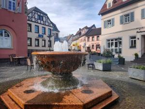 a fountain in the middle of a street with buildings at Heni Apartments in Gau-Algesheim