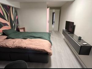 a bedroom with a bed and a flat screen tv at E11 Cologne in Cologne