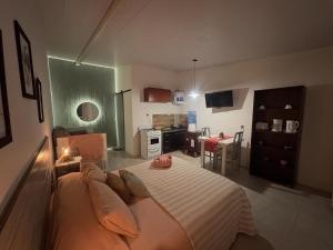 a bedroom with a large bed and a kitchen at Departamento Dulce mania 2 in Carhué