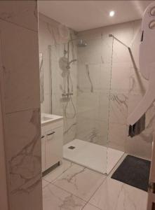 a bathroom with a shower with a glass door at Les terrasses du golf in Égat