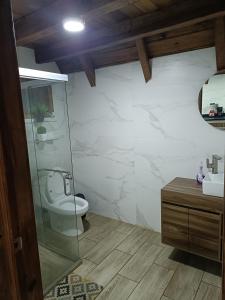 a bathroom with a toilet and a glass shower at Cabañas el tigre in Mazamitla
