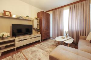 a living room with a couch and a television at Central Apartment near the Park in Gotse Delchev