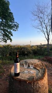 Una botella de vino y dos copas en un tronco de árbol. en Cabaña El Refugio del Jochi, en Buena Vista