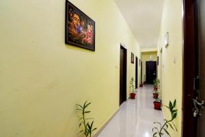 a hallway with potted plants and a painting on the wall at Hotel O Sri Balaji Guest House in Bhubaneshwar