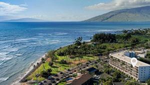 an aerial view of the beach and the ocean at Island Surf in Kihei