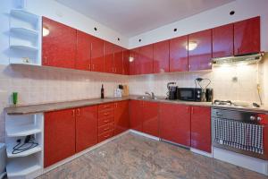 a kitchen with red cabinets and a sink and a stove at Family friendly house with a swimming pool Benkovec, Zagorje - 24902 in Bednja