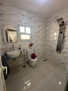 a white bathroom with a sink and a toilet at king pyramids in Cairo +137 photos