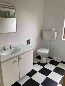 a bathroom with a sink and a toilet at Gisborne, 3 Bedroom House, Beachfront, Wainui Beach in Gisborne