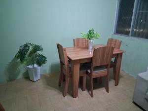 a wooden dining room table with chairs and a plant at Quarto Residencial in Recife