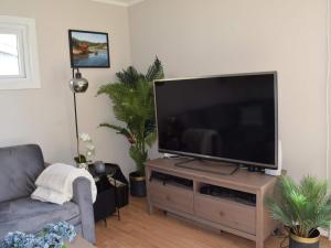 a living room with a flat screen tv on a stand at 4 star holiday home in SKJEBERG in Sponviken