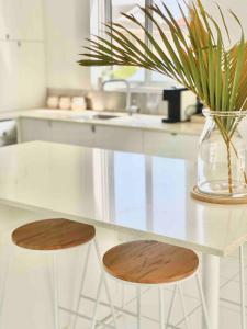 a kitchen with a white counter with a vase with a plant at Slice of Sawtell Oceanstay in Sawtell +14 photos