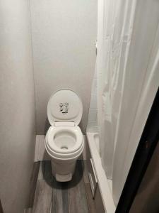a small bathroom with a toilet and a shower at Monday creek camper in New Straitsville