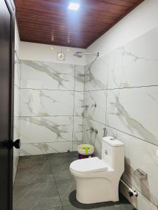 GREEN LEAF PREMIUM VILLA munnar في مونار: حمام به مرحاض أبيض وجدران من الرخام