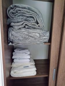 a cabinet with a pile of folded towels at El mejor depto de Villegas in General Villegas +12 photos