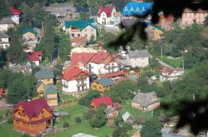 un grupo de casas en la cima de una colina en Tsvit Paporoti, en Yaremche