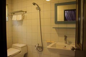 a bathroom with a toilet and a sink and a mirror at Wen-Feng House B&B in Kenting