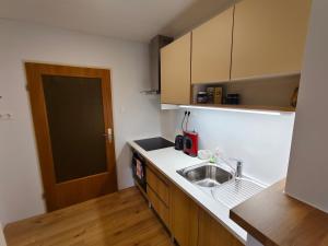 a kitchen with a sink and a counter top at Grünerbalkon Ferienappartement in Klagenfurt +12 photos