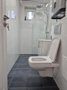 a white bathroom with a toilet and a sink at D&D Central Apartment in Tulcea