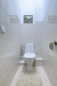 リヴィウにあるApartamenty Kulisha 25の白いバスルーム(トイレ付)が備わります。壁に絵が描かれています。