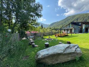 Un patio con una gran roca en el césped. en Vila Eruga - Ap nr 4, en Poiana Mărului 17 fotos más