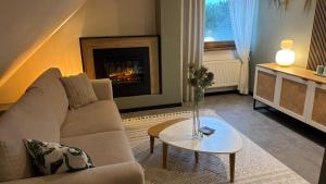 a living room with a couch and a fireplace at Apartament Nad Rzeczką in Godów