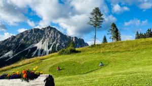 two people on a hill with a mountain in the background at Appartamento Elena in Santo Stefano di Cadore