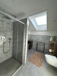 Un baño con ducha, inodoro y lavabo. en Freizeitglückli, en Lahr 4 fotos más