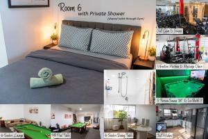 a collage of photos of a bedroom with a bed and a pool table at Hot Tub, Ice Bath, Gym, Sauna, Pool Table Coorparoo Haven in Brisbane