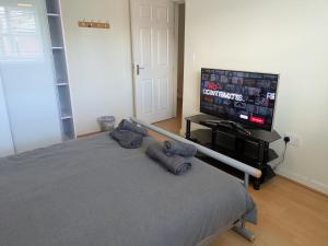 Televisyen dan/atau pusat hiburan di Comfortable and Peaceful 2 Bedroom Flat with Shared Bathroom and Kitchen Close to Manchester Airport +18 gambar
