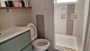a bathroom with a toilet and a sink and a shower at VACANCES PAISIBLES - Option Menu & petit-déjeuners payant in Saint-Paul