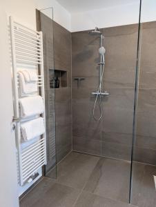 a bathroom with a shower with a glass door at Seeliebe Ferienwohnung am Brombachsee in Pleinfeld +25 photos