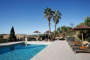 a swimming pool with chairs and umbrellas and palm trees at La Posada del Torcal in Villanueva de la Concepción