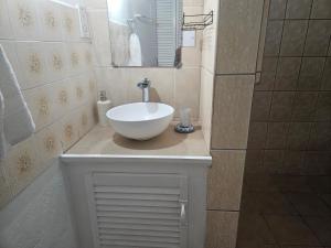 a bathroom with a bowl sink and a shower at Little paradise in Saint Georgeʼs