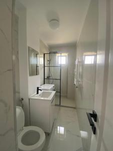 a white bathroom with a toilet and a sink at LCB Apartments G Enescu 19 in Suceava