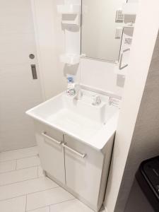 a white bathroom with a sink and a mirror at Palace Yokohama New & Private in Yokohama
