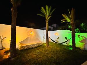 a wall with a hammock and palm trees at night at Dar Inès in Al Maqārisah