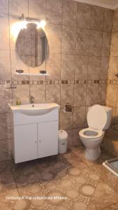 a bathroom with a toilet and a sink and a mirror at Casa Bogdan in Buşteni +38 photos