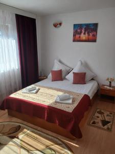 a bedroom with two beds with red pillows on them at Casa Bogdan in Buşteni