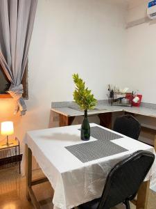 a table with a vase with a plant on it at Zanzllywood Uroa Beach Apartments in Dikoni