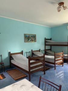 a group of beds in a room with blue walls at Smerichka in Zagorody +15 photos